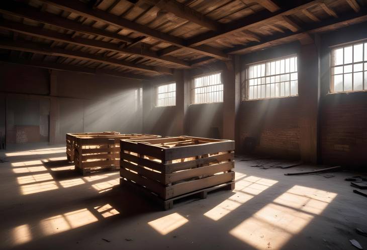 Rustic Abandoned Warehouse Sunlit Wooden Crates and Beams Evoke Vintage Charm