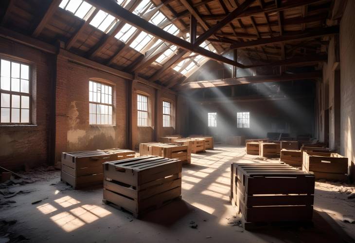 Rustic Abandoned Warehouse with Sunlit Wooden Crates and Beams A Vintage Revival