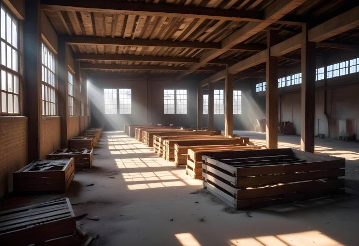 Rustic Abandoned Warehouse with Sunlit Wooden Crates and Beams