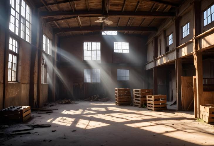 Rustic Abandoned Warehouse with Sunlit Wooden Crates and Beams