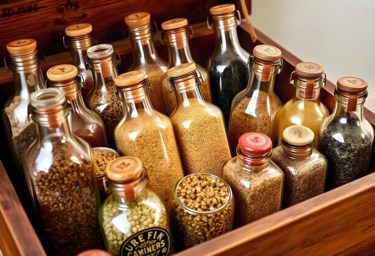 Rustic Assortment of Spices in Vintage Glass Bottles