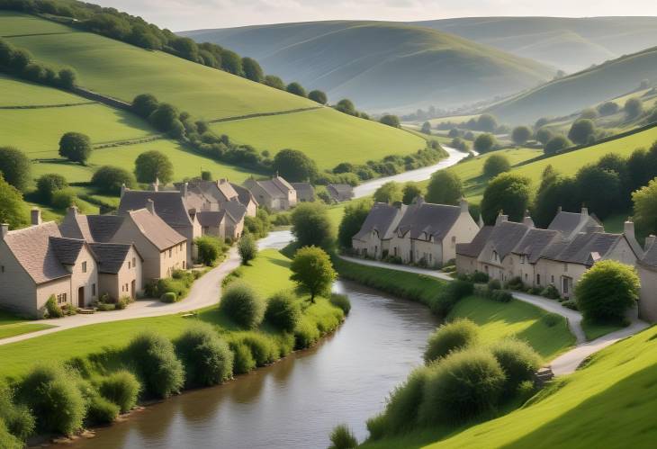 Rustic Countryside Village with Rolling Hills, Stone Cottages, and a Gentle River