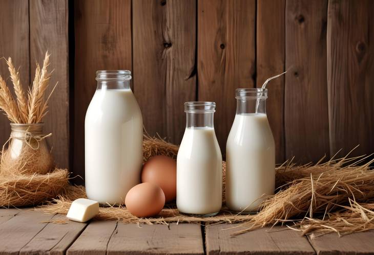 Rustic Farm Milk Still Life Glass Bottle with Hay, Barn Wood, and Milk Pail, Scenic Setting