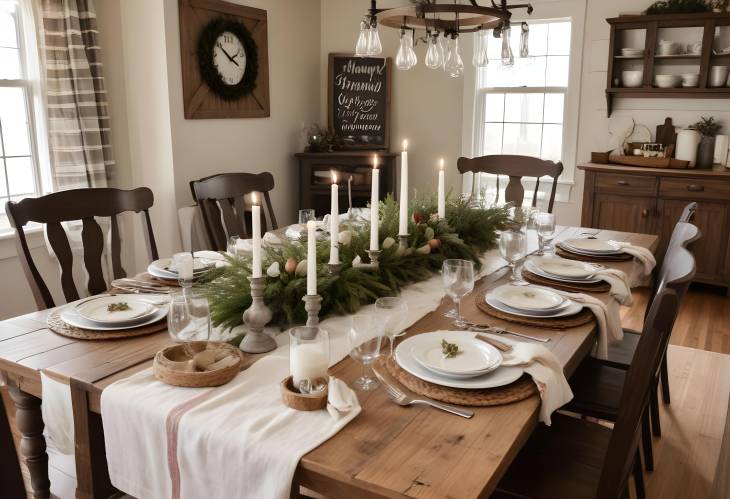 Rustic Farmhouse Dining Table Perfectly Set with Elegant Dinnerware and Cozy Accents for a Family D