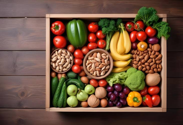 Rustic Healthy Food Fresh Vegetables, Nuts, and Fruits in a Wooden Box