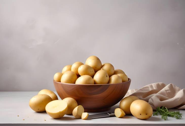 Rustic Kitchen Essentials Raw Potatoes in a Bowl with Knife on Light Background