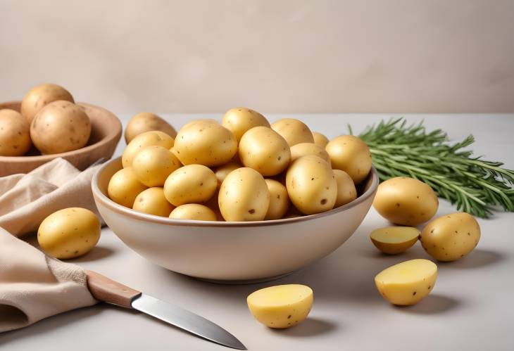 Rustic Potatoes in a Bowl with Knife Simple and Fresh on Light Background