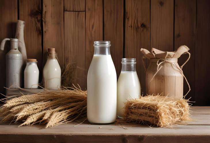 Rustic Still Life of Fresh Farm Milk Glass Bottle, Hay, Barn Wood, Milk Pail, Scenic Elements