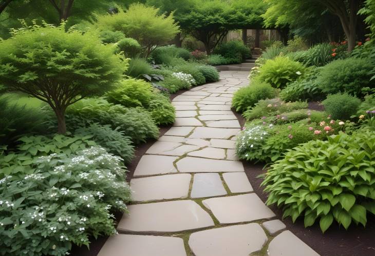 Rustic Stone Walkway Winding Path Through a Garden Oasis