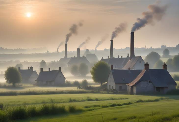 Rustic Village at Dawn with Smoke Rising from Chimneys and Dew on Sunlit Fields