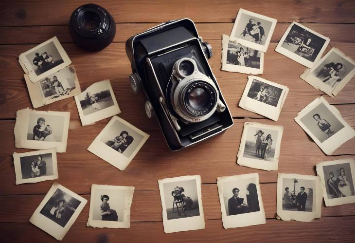 Rustic Vintage Camera on Wooden Table Surrounded by Antique Photos