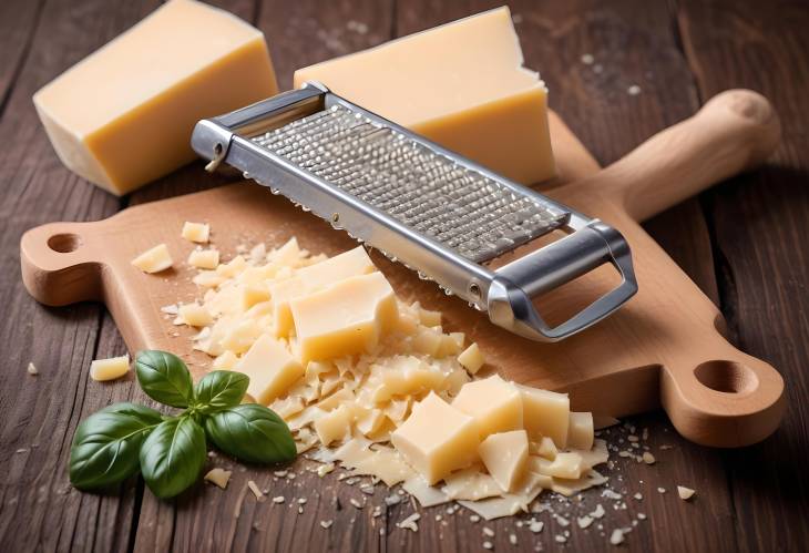 Rustic Wood Table with Parmesan Cheese and Grater Classic Cooking Scene