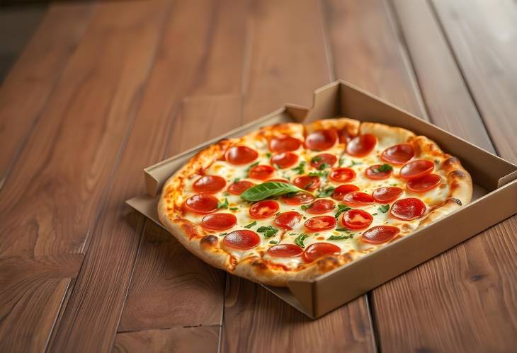 Rustic Wooden Background with Pizza Box Fresh and Cheesy Pizza Delight