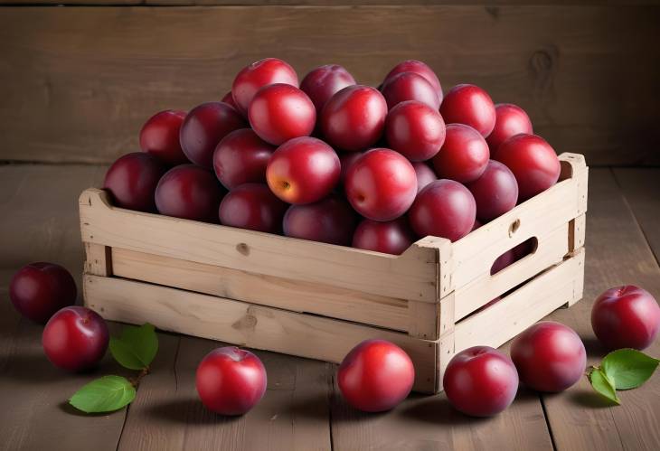 Rustic Wooden Crate Filled with Juicy Red Plums