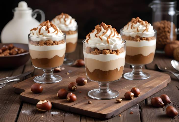 Rustic Wooden Table Displaying Chestnut No Bake Dessert in Glasses with Whipped Cream