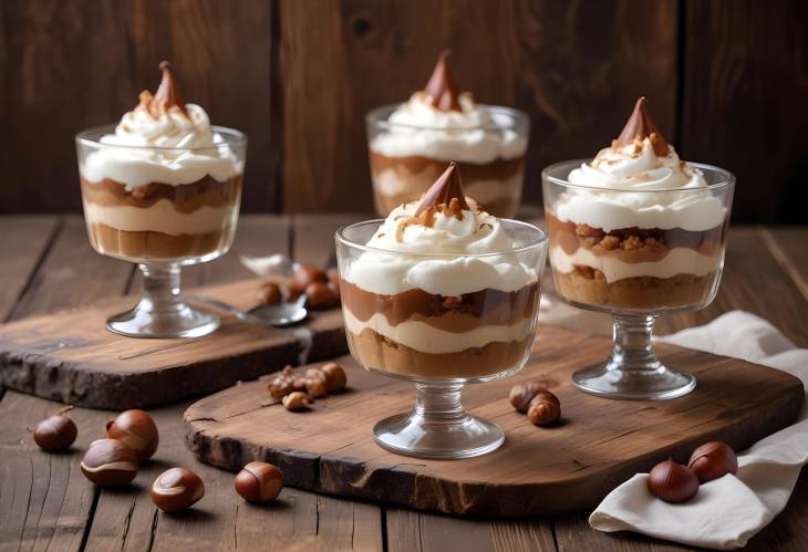 Rustic Wooden Table Featuring Chestnut No Bake Dessert in Glasses with Whipped Cream