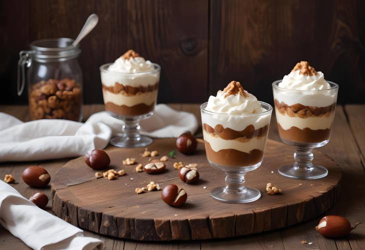 Rustic Wooden Table with Chestnut No Bake Dessert and Whipped Cream in Elegant Glasses