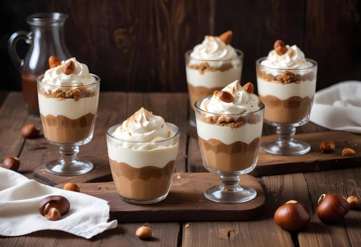 Rustic Wooden Table with Chestnut No Bake Dessert and Whipped Cream in Glasses