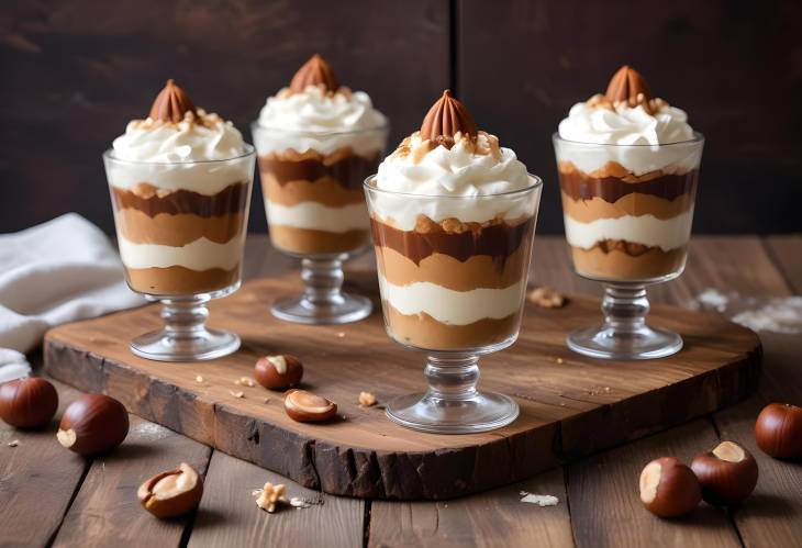 Rustic Wooden Table with Chestnut No Bake Dessert and Whipped Cream in Glasses