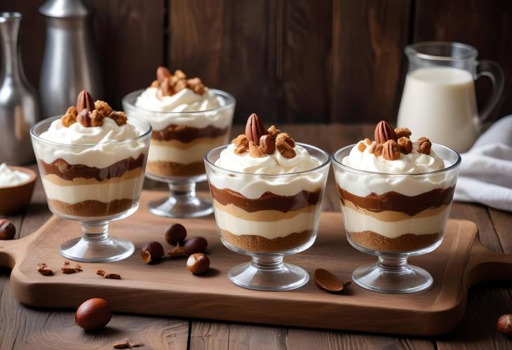 Rustic Wooden Table with Chestnut No Bake Dessert and Whipped Cream in Glasses