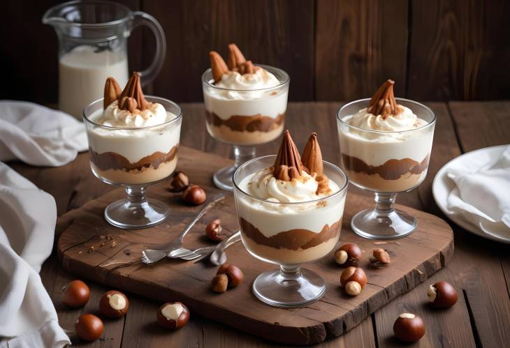 Rustic Wooden Table with Chestnut No Bake Dessert in Elegant Glasses and Whipped Cream