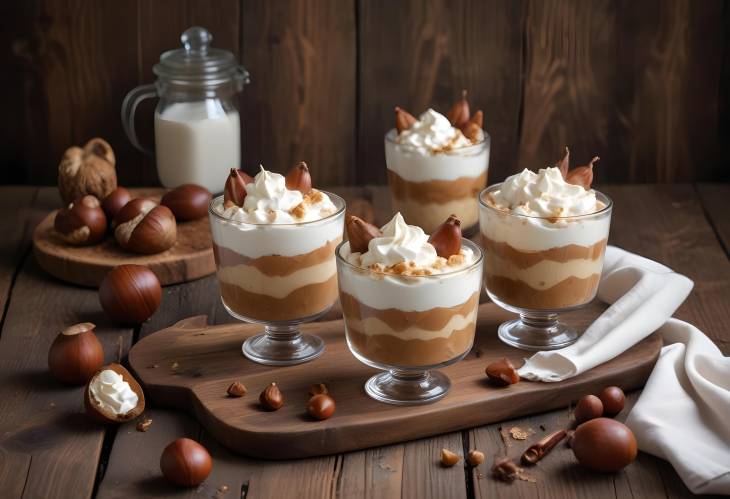 Rustic Wooden Table with Chestnut No Bake Dessert in Glasses and Whipped Cream