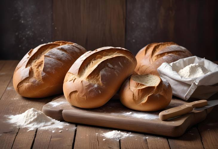 Rustic Wooden Table with Freshly Baked Bread and Knife