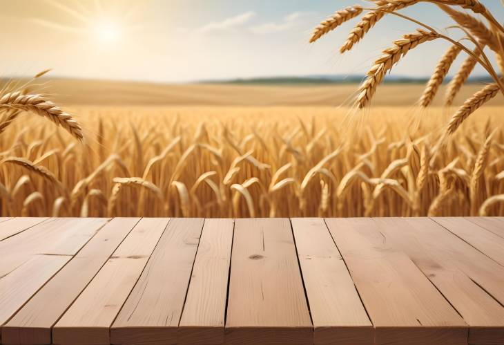 Rustic wooden table with wheat field background, ideal for organic product display and montage