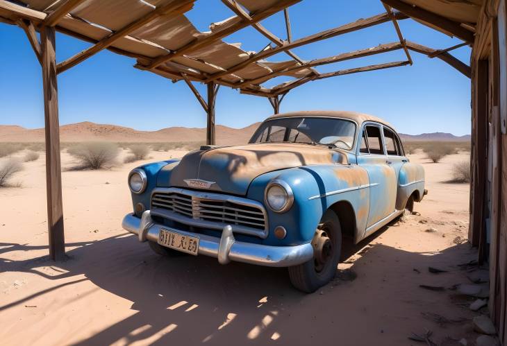 Rusty Abandoned Car in Solitaire Desert with Blue Sky Background, Namibia