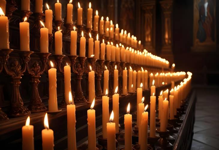 Sacred Light Candle Flames Illuminating the Dark Interior of a Christian Orthodox Church