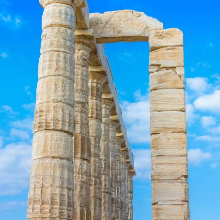 Sailboats and Temple of Poseidon Summer Panorama at Cape Sounion