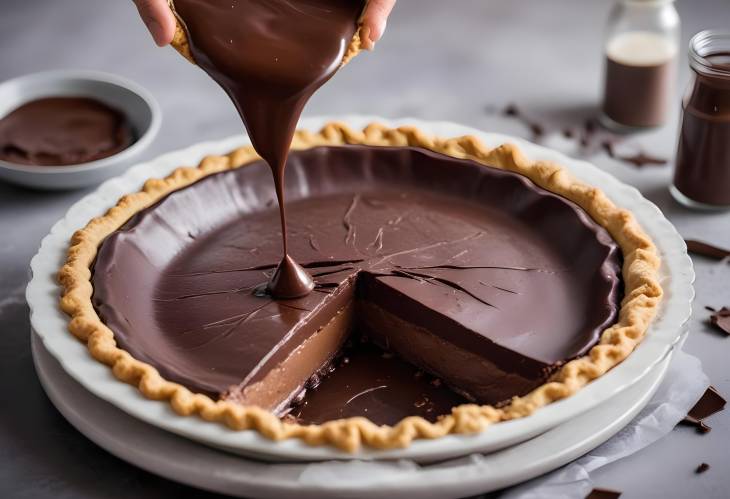 Satisfy Your Sweet Tooth Pouring Melted Chocolate into a Crisp Pie Crust