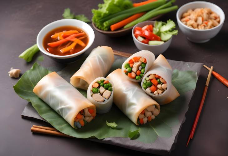 Satisfying Spring Rolls with Chicken, Vegetables, and Spicy Chili Sauce