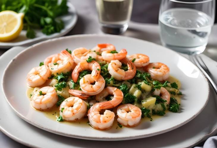 Sauted Shrimp with Garlic, Parsley, Anchovy Butter, and Sparkling Water  Top View