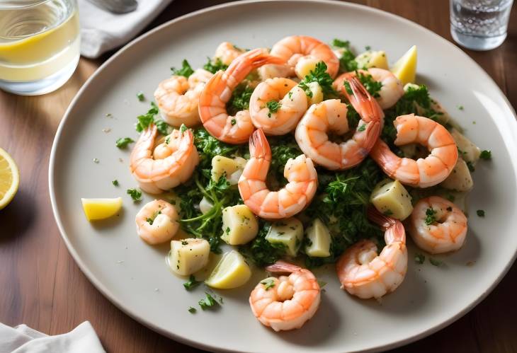 Sauted Shrimp with Garlic, Parsley, and Anchovy Butter on Plate with Sparkling Water