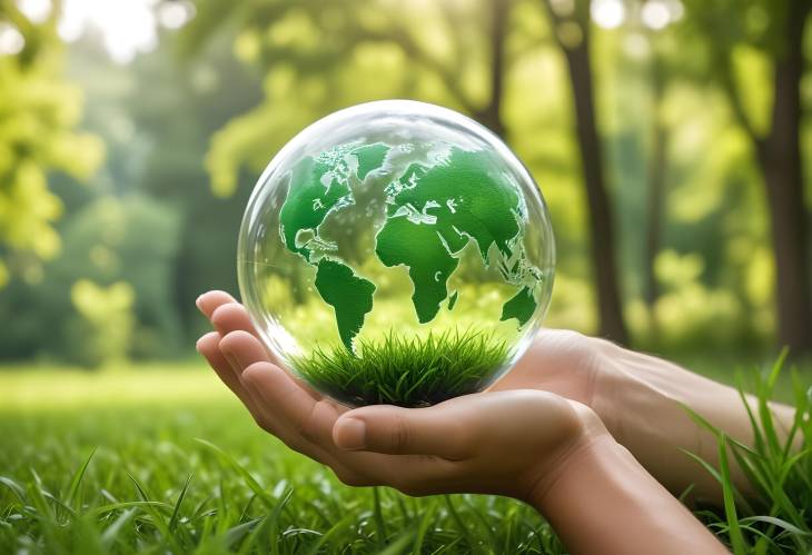 Saving the Earth Man with Glass Globe and Green Bokeh Background Symbolizing Environmental Care