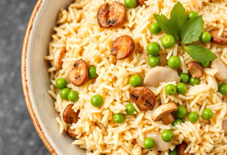 Savor the Flavor A Large Bowl of Fried Rice with Mushrooms and Peas