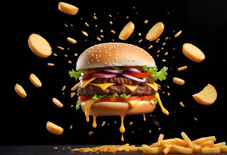 Savory Burger with Floating Slices and Ingredients Against a Black Background