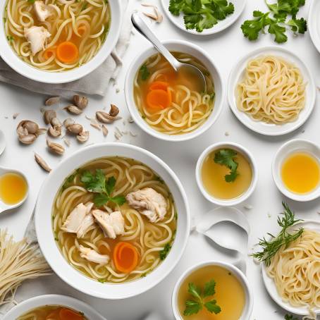 Savory Chicken Noodle Soup Broth Isolated on White Background, Classic Comfort Food, Homemade