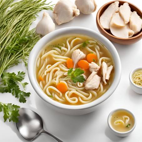 Savory Chicken Noodle Soup Broth Isolated on White, Classic Comfort Food, Homemade and Warm