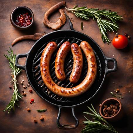 Savory Grilled Sausage with Rosemary on Hot Barbecue Plate  Flavorful Summer Dish