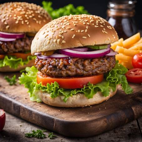 Savory Homemade Burger Close Up with Fresh Vegetables