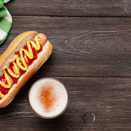 Savory Hot Dog with Mustard, Ketchup, and Beer A Tabletop Delight