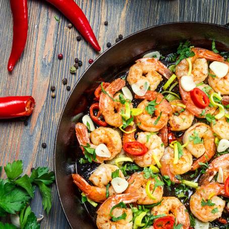 Savory Shrimps with Fresh Herbs and Lemon Zest in Pan