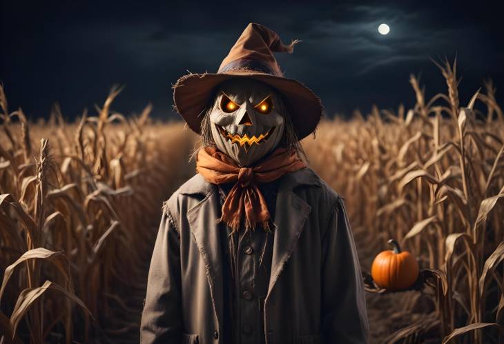 Scary Pumpkin Head Scarecrow in Coat on Nighttime Cornfield Spooky Halloween Atmosphere