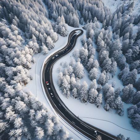 Scenic Aerial of Snowy Curved Road with Vehicle in Huesca, Spain