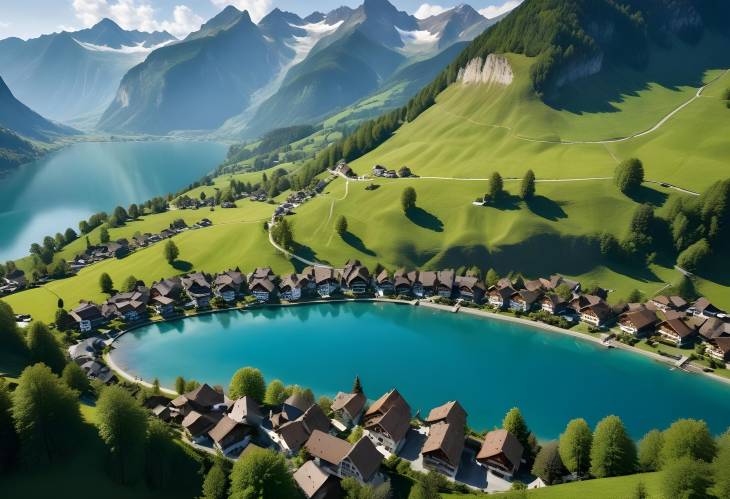 Scenic Aerial Shot of Flelen Village Surrounded by Blue Lake and Green Alps