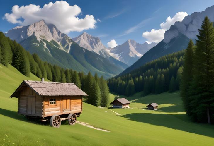 Scenic Bavarian Landscape Mountain Hut, Meadow, and Karwendel Peaks with Blue Sky