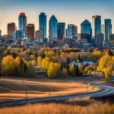 Scenic Calgary City Skyline from Scotsman Hill Sunny Day in Canadas Urban Jewel