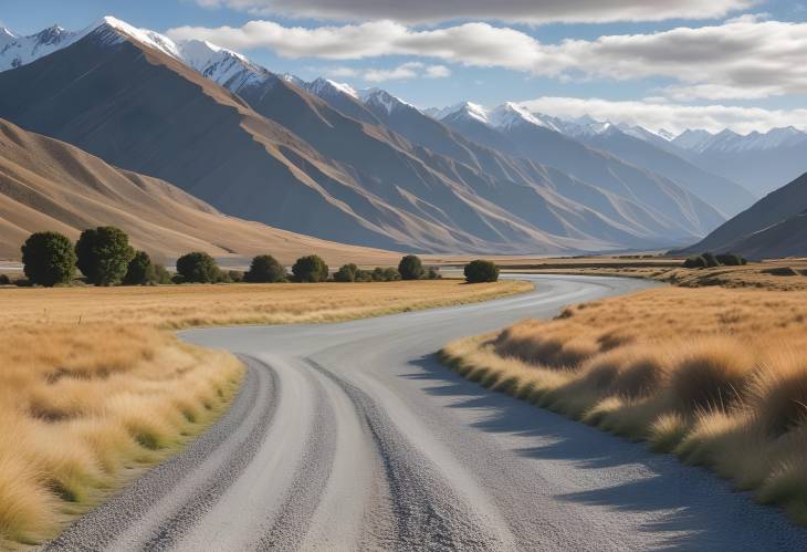 Scenic Gravel Road in Rangitata River Valley, Ashburton Lakes, Canterbury, New Zealand